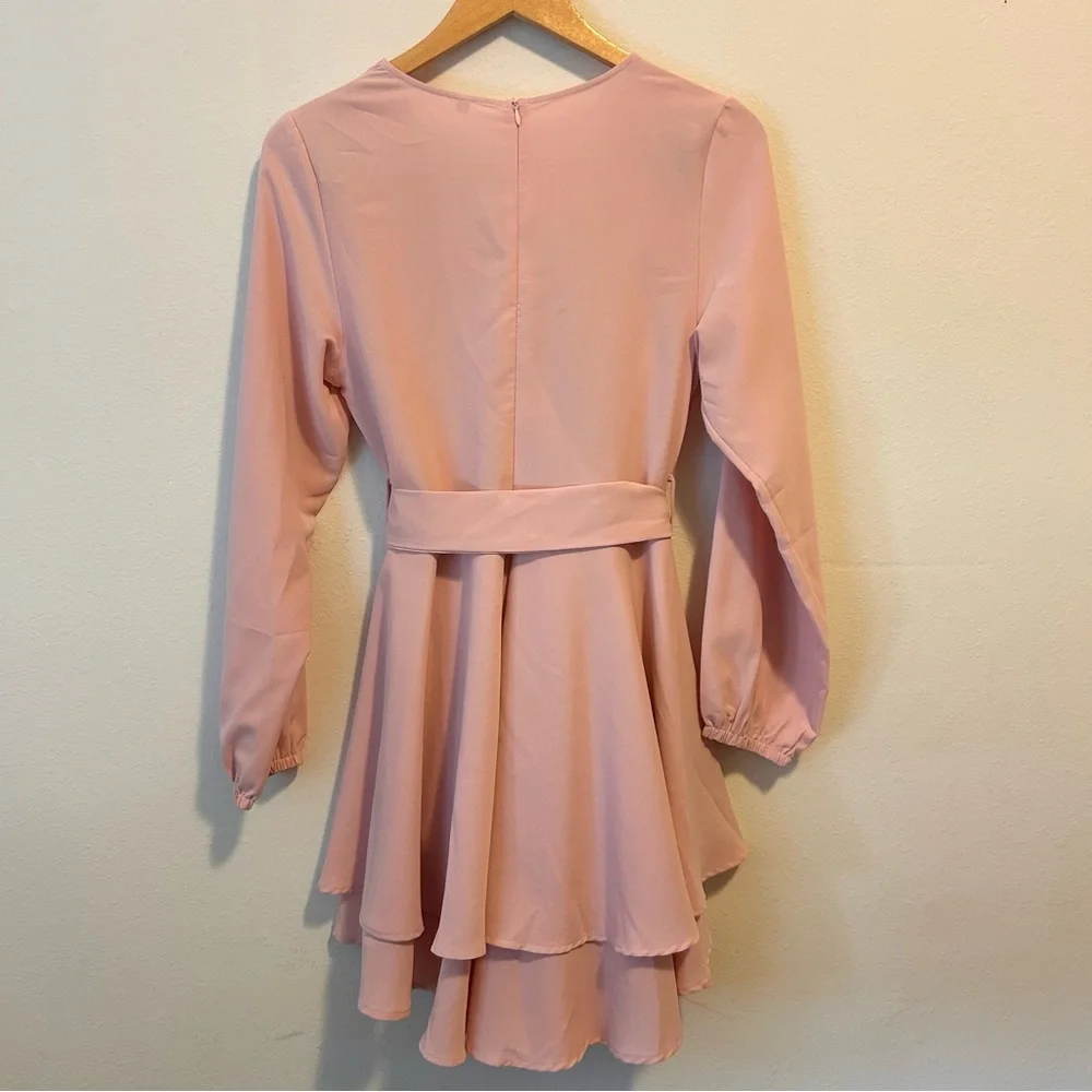 Women’s Small Ruffle Elegant Pink Faux Wrap Long Sleeve Mini Dress - Picture 8 of 9